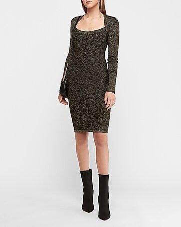 gold metallic square neck bodycon sweater dress | Express