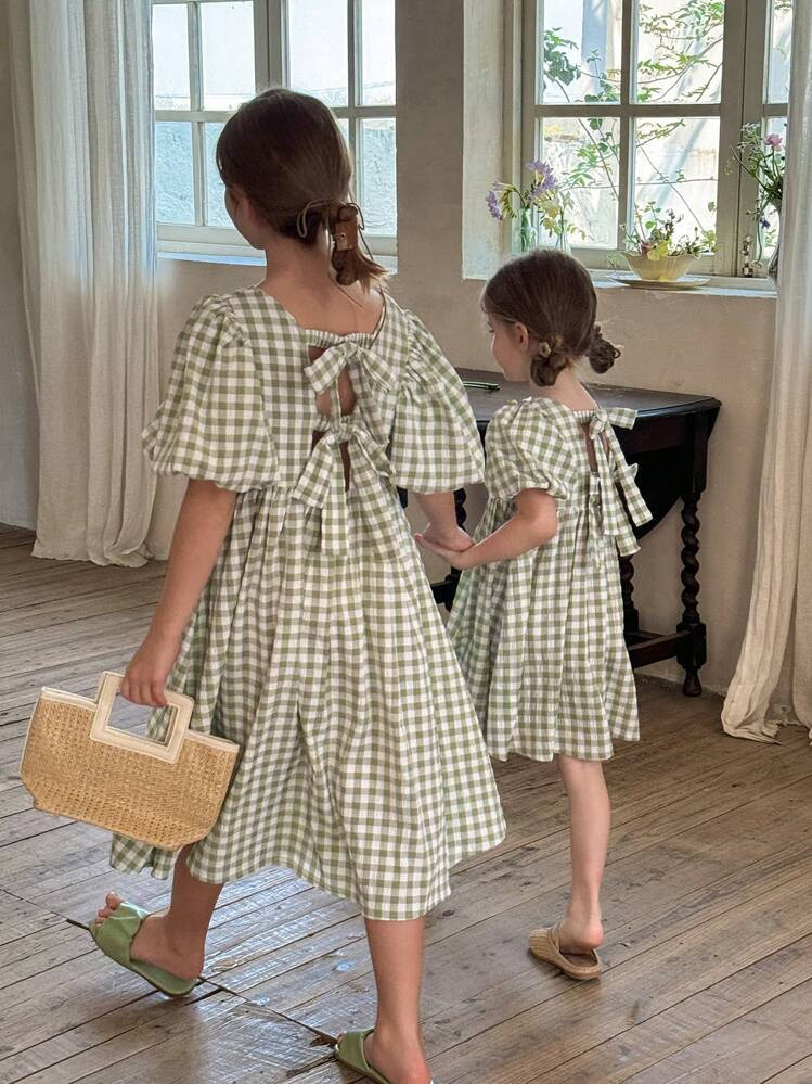 LMoss Kids LMoss Tween Girls' Solid Color Square Neck Bishop Sleeve Form-Fitting Casual Dress Sisters Outfit,Suitable For Spring And Summer Cute Matching Outfit Suitable For Spring And Summer | SHEIN