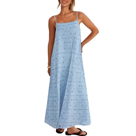 Merokeety Womens Summer Spaghetti Maxi Dress Sleeveless Floral Lace Eyelet Beach Sundress Blue l | Walmart (US)