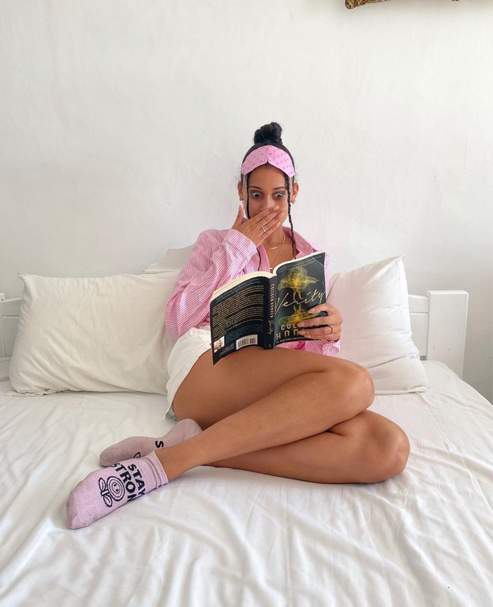 Pink set, pink outfit, bedtime set, pjs, sleepwear, sleepwear set, striped top, reading