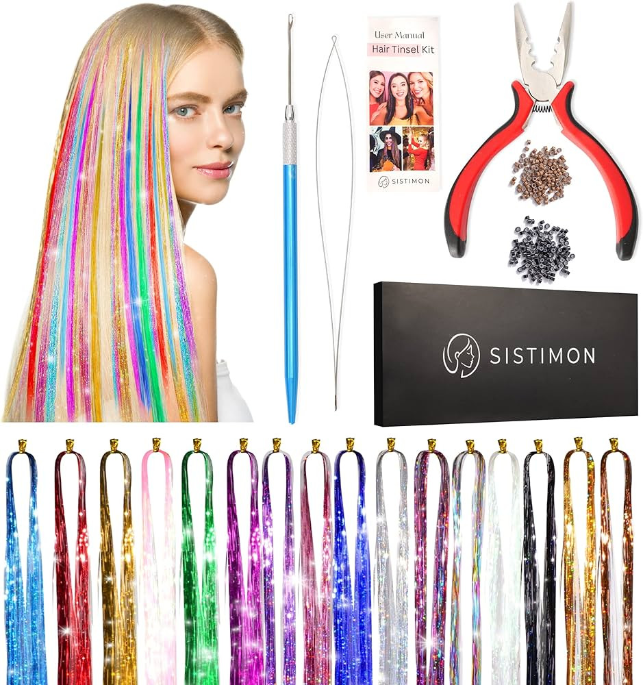 Hair Tinsel Kit, Fairy Hair Tinsel Kit 16 Colors, 3200 strands, 47 Inch, Tinsel Hair Extensions K... | Amazon (US)