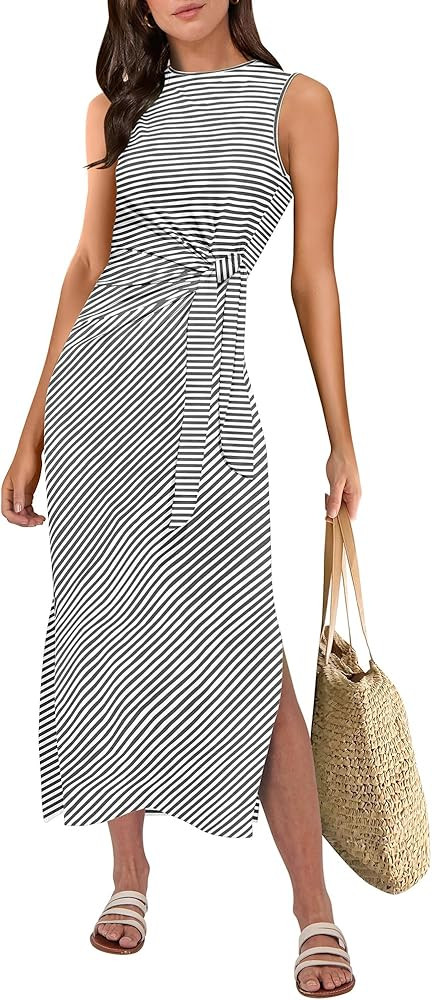ANRABESS Womens Summer Casual Sleeveless T Shirt Midi Dress Slim Fit Tie Waist Split Tank Long Dr... | Amazon (US)