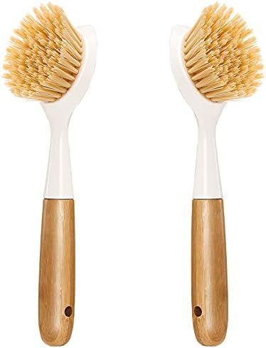 2 Pack Kitchen Dish Brush Bamboo Handle Dish Scrubber Built-in Scraper, Scrub Brush for Pans, Pot... | Amazon (US)