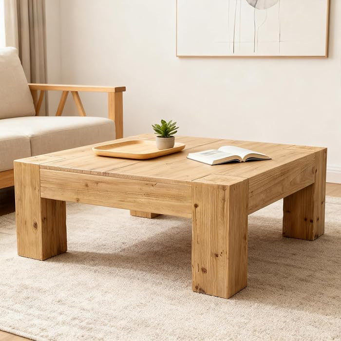 SSLine Solid Wood Coffee Table 39.4-Inch Square Coffee Table for Living Room,Farmhouse Cocktail C... | Amazon (US)