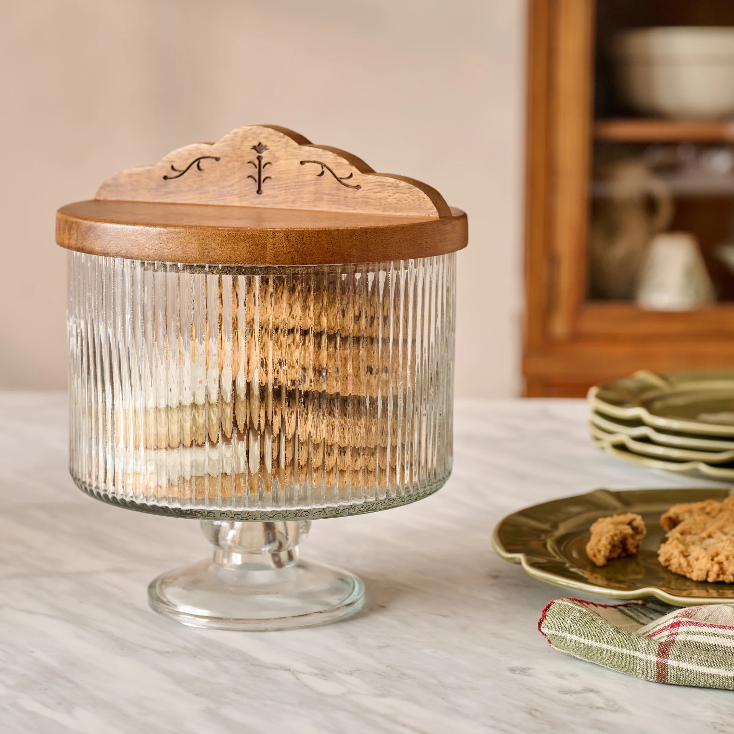 Antiqued Wood Ribbed Glass Pedestal Serving Dish | Magnolia