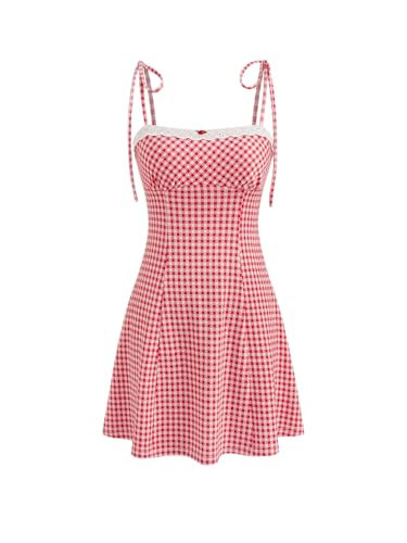 CIDER Womens Summer Gingham Dress Plaid Tie Spaghetti Strap Sleeveless Lace Trim Cute A Line Casual Mini Dresses Sundress Red | Amazon (US)