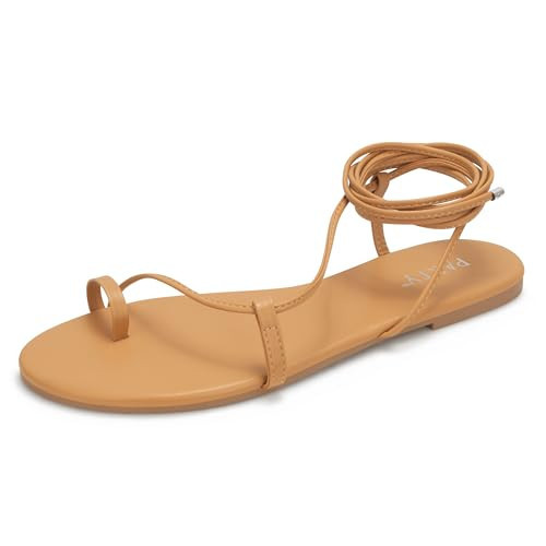 PARTY Women's Strappy Sandals Lace Up Flats Tie Up Shoes Wrap Flip Flop, Nude, 9 | Amazon (US)