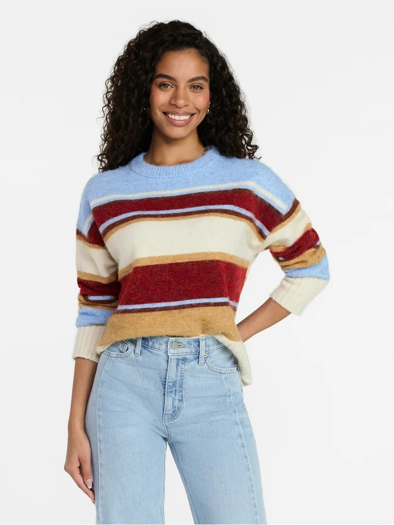 Time and Tru Women’s Brushed Stripe Sweater, Midweight, Sizes XS-XXXL | Walmart (US)