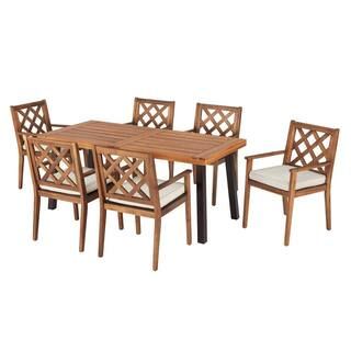 Hampton Bay Willow Glen Farmhouse 7-Piece Wood Outdoor Patio Dining Set with Teak Finish and Beig... | The Home Depot