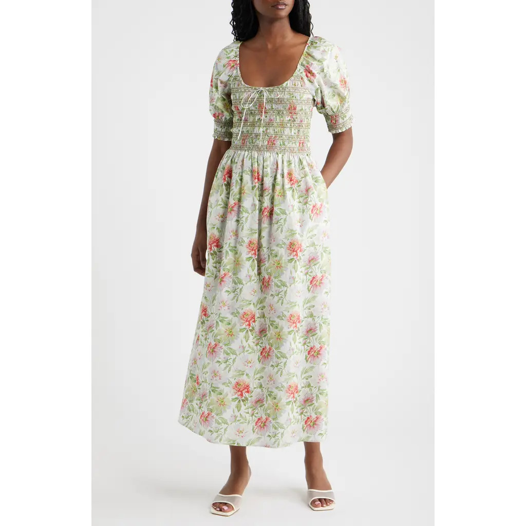Hill House Home The Madeline Floral Smocked Puff Sleeve Cotton Maxi Dress in Peony Chintz at Nordstrom, Size Medium | Nordstrom