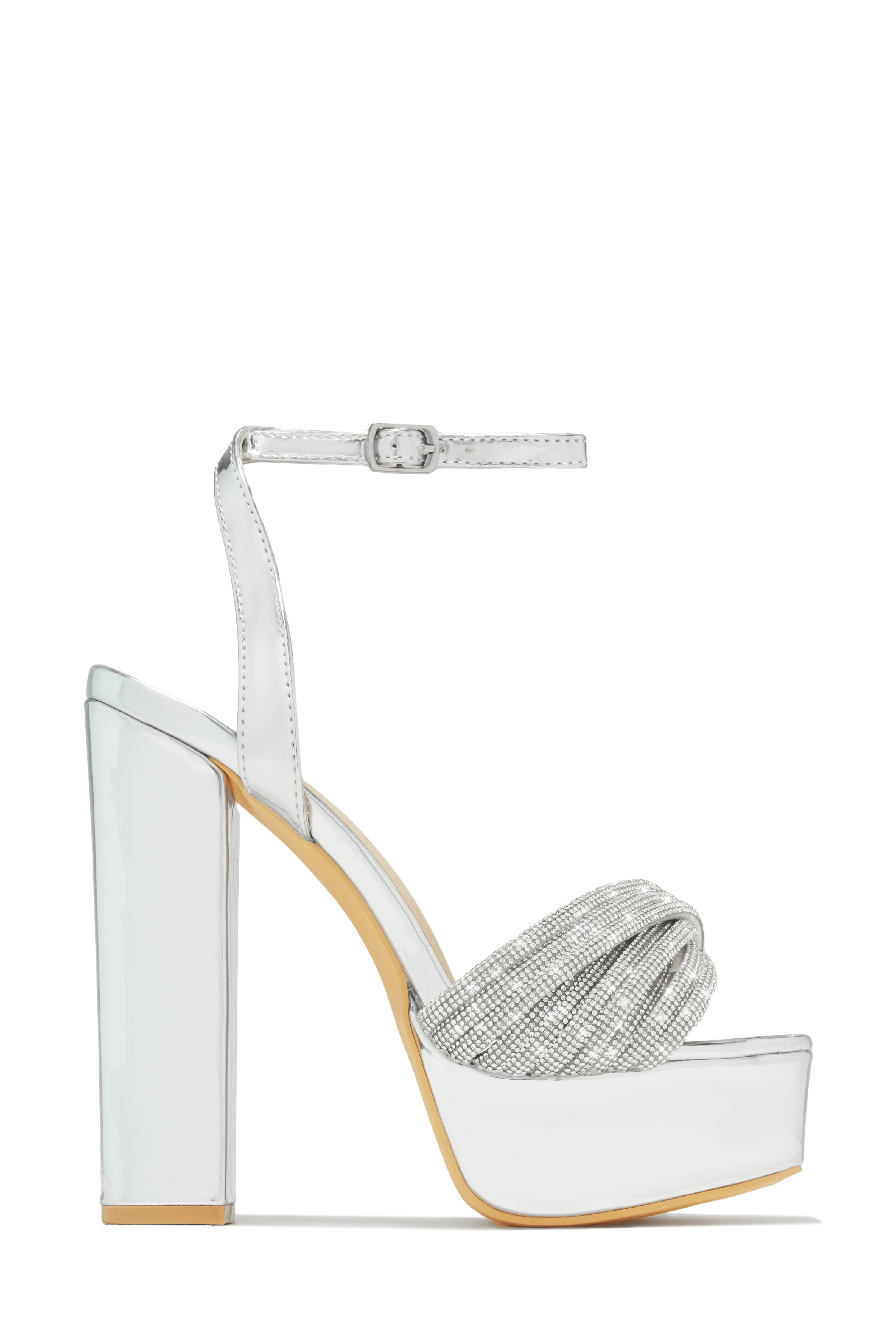 Arabella Embellished Platform Block Heels - Silver 8.5 / Silver | MISS LOLA
