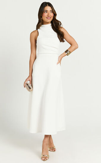 Macy Midi Dress - High Neck A Line Dress in Off White | Showpo (ANZ)