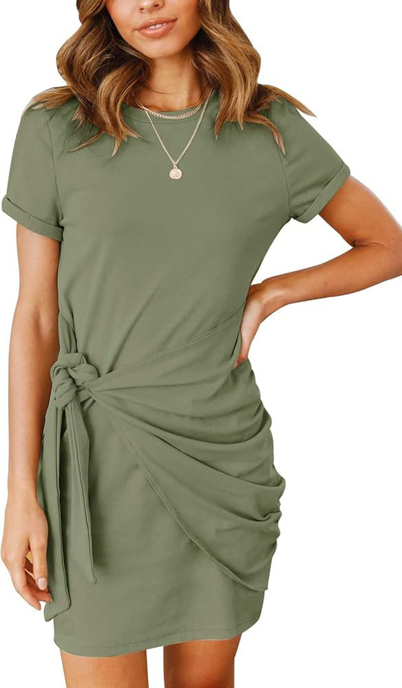 MEROKEETY Women's Short Sleeve Crew Neck T Shirt Dress Tie Waist Ruched Bodycon Mini Dress | Amazon (US)
