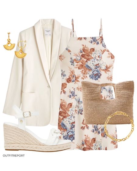 Floral mini dress white blazer straw handbag heeled sandals gold jewellery bracelet and earrings 

#LTKeurope #LTKunder100 #LTKstyletip