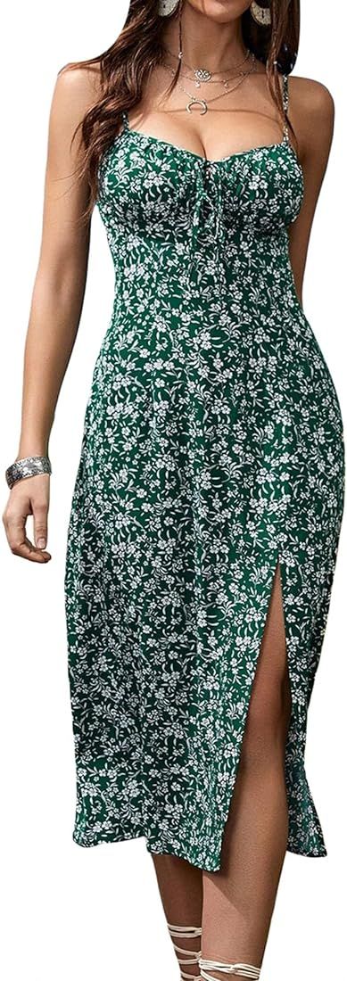Floerns Women's Summer Split Thigh Spaghetti Strap Cami Midi Floral Dress | Amazon (US)
