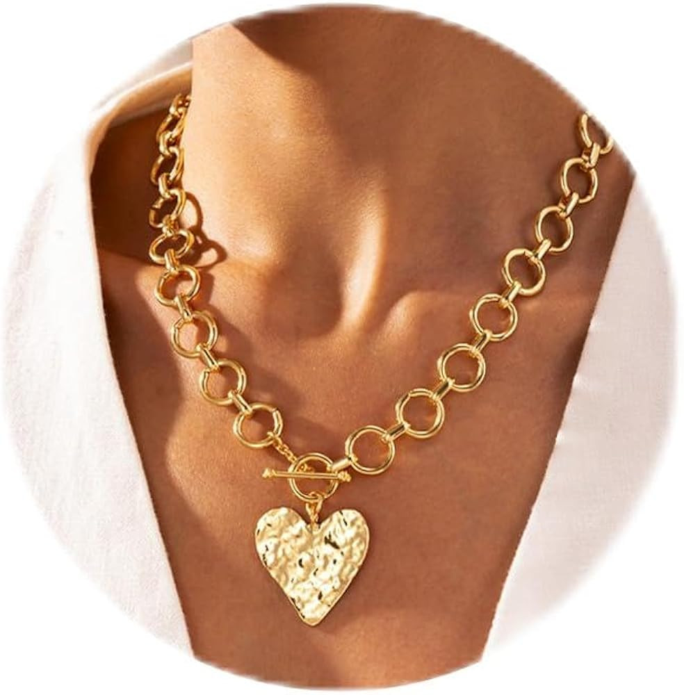 Chunky Gold Heart Necklace for Women，14K Gold Plated Puffy Heart Pendant Bold Chain Necklace wi... | Amazon (US)