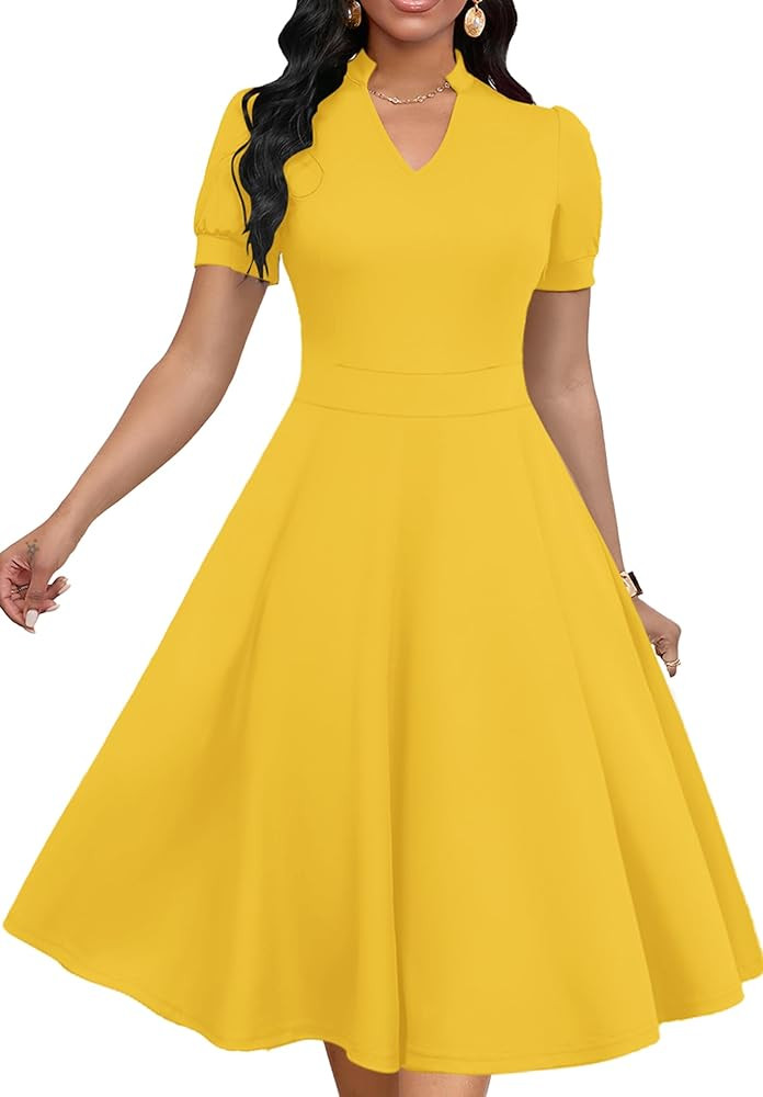 MarryUP Womens Short Puff Sleeve V Neck Casual Semi-Formal Cocktail Party A-Line Dress | Amazon (US)