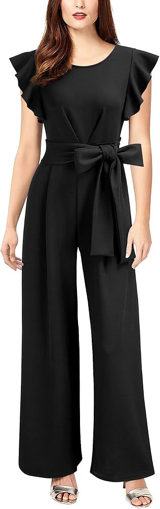 Knitee Women's Vintage Sleeveless Ruffle High Waist Wide Leg Romper Formal Long Jumpsuit with Bel... | Amazon (US)