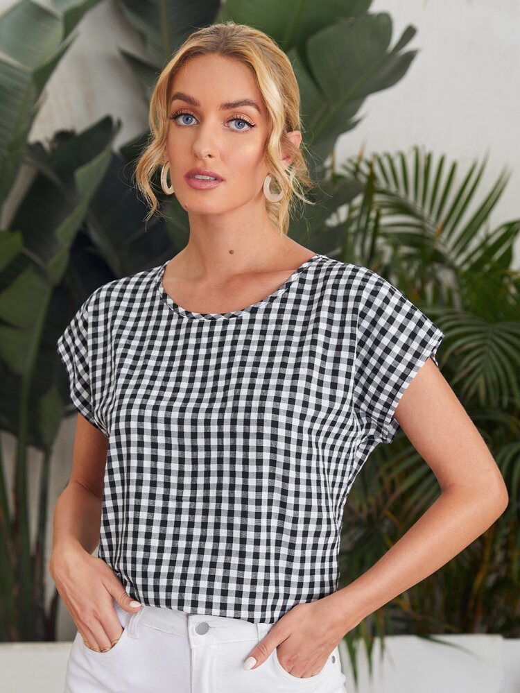 SHEIN Gingham Batwing Sleeve Top | SHEIN