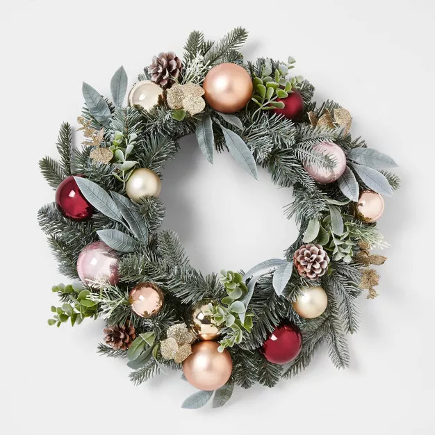 22in Mixed Artificial Pine Christmas Wreath with Shatterproof Ornaments Gold, Burgundy & Blus... | Target