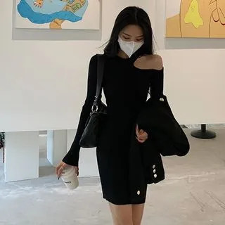 Long-Sleeve Cutout Knit Dress Black - One Size | YesStyle Global