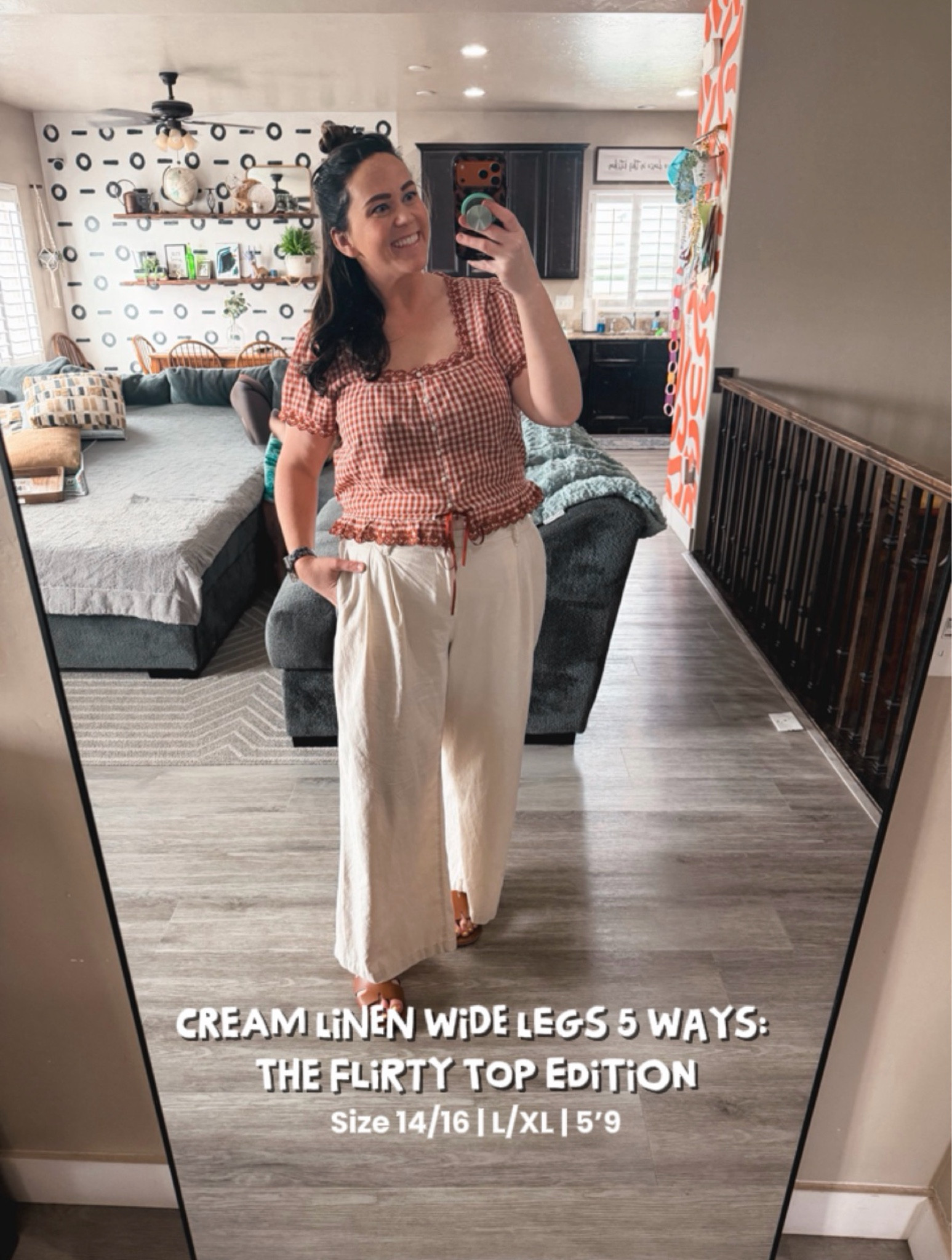 Same pants, totally different mood. This gingham top with the wide legs is giving spring farmers market and I’m obseeeeessed.

@American Eagle Outfitters 
Top XL
Pants 16 

Size 14/16 | L/XL | 5’9 | 38DD

gingham top outfit, spring feminine outfit, wide leg linen pants, flirty spring look, midsize spring fashion, linen pants sandals, smocked top outfit, farmers market outfit 

#LTKTall #LTKMidsize #LTKSeasonal
