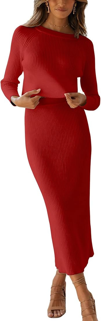 chouyatou Women's Ribbed Sweater Sets Crop Top and Maxi Bodycon Skirt Sets 2 Piece Outfits | Amazon (US)