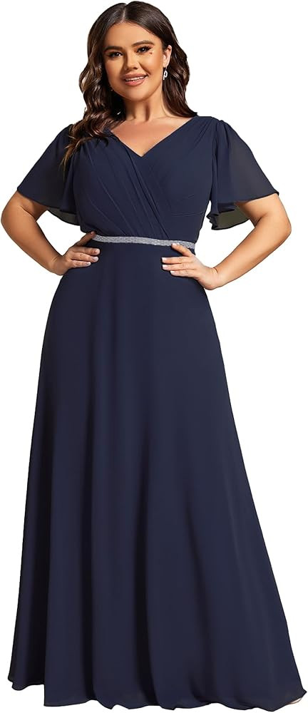 Ever-Pretty Women's Beading Waist A Line Short Sleeves Chiffon Plus Size Maxi Formal Evening Dres... | Amazon (US)