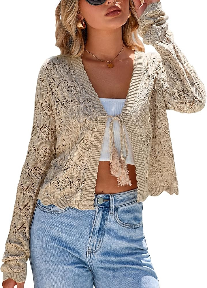 Arach&Cloz Women's Linen Tie Front Crochet Spring Shrug Beach Vacation Cropped Cardigan | Amazon (US)