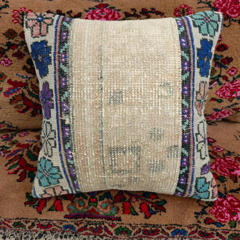 Handmade Pillow Cover: Beige Colorful Patchwork Rug Pillow, Boho Turkish Cushion (16'' X 16'') - ... | Etsy (US)