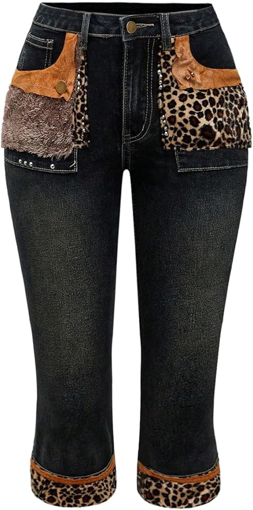 WDIRARA Women's Leopard Faux Fur Skinny Jeans Y2k Low Rise Capris Denim Pants | Amazon (US)