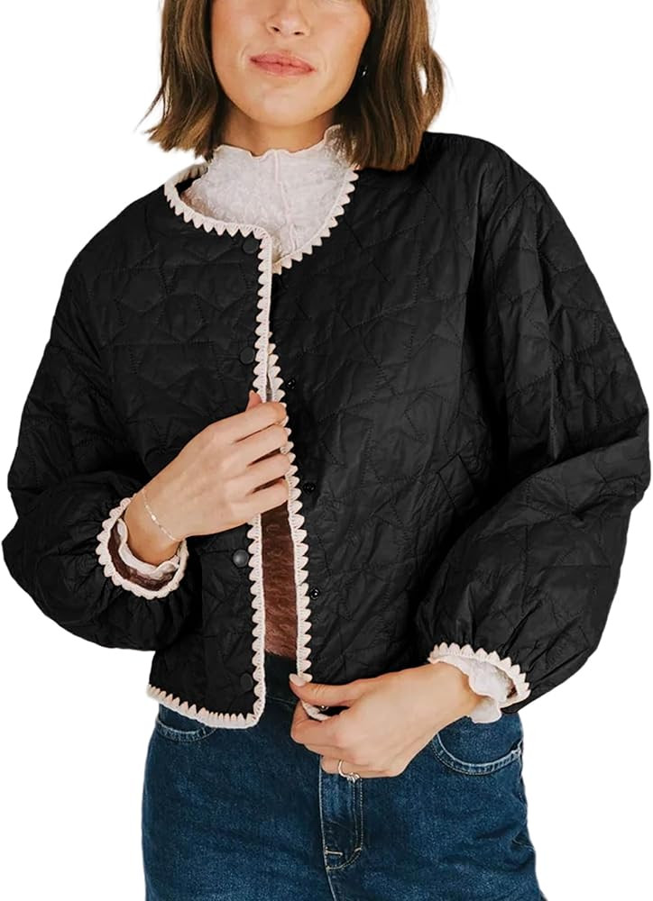 Women's Fall Quilted Jacket Lightweight Long Sleeve Cardigan Button Coat Outerwear Clothes Short ... | Amazon (US)