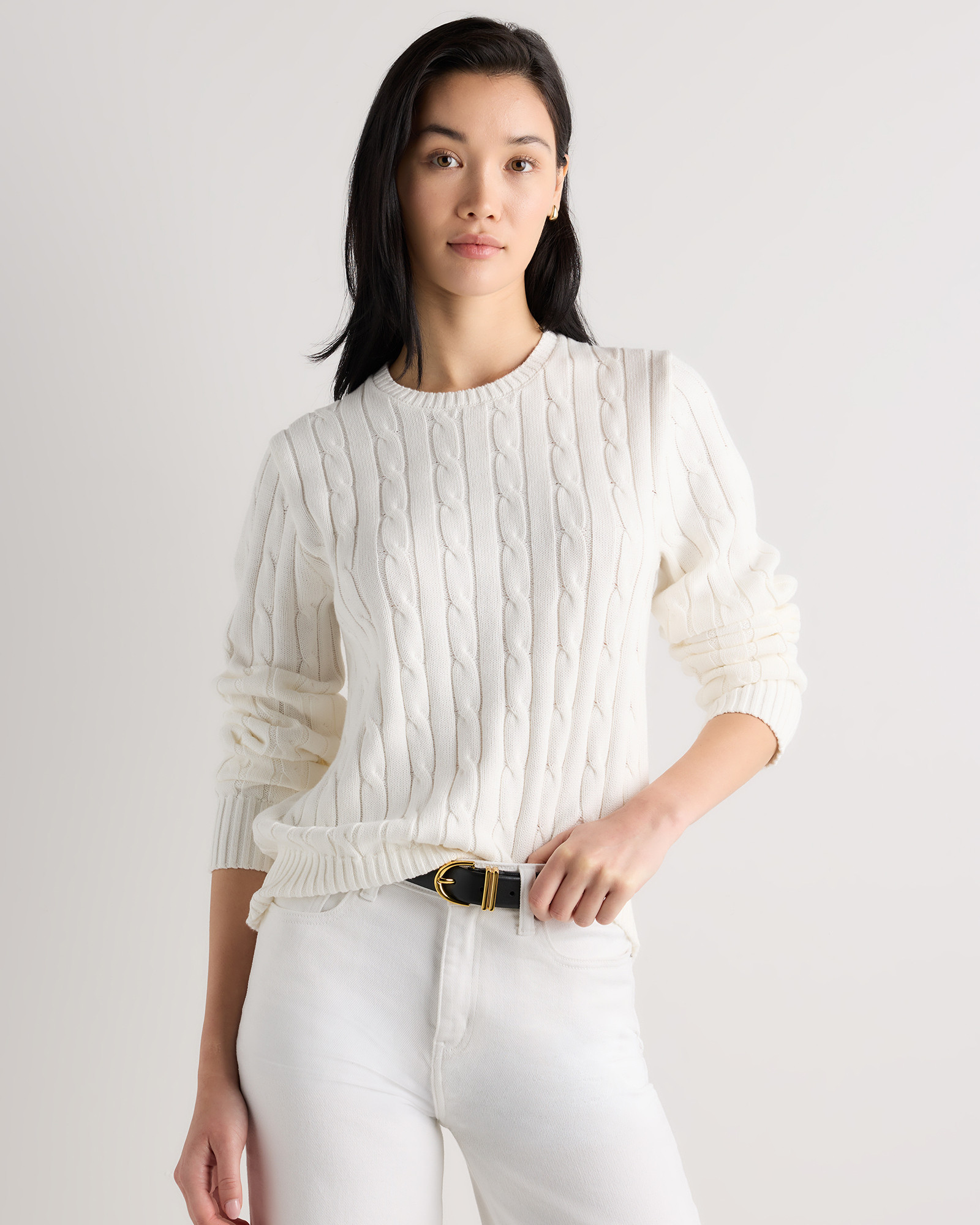 Quince | Women's Cable Crewneck Sweater in Shell Pink, Size Medium, Organic Cotton | Quince
