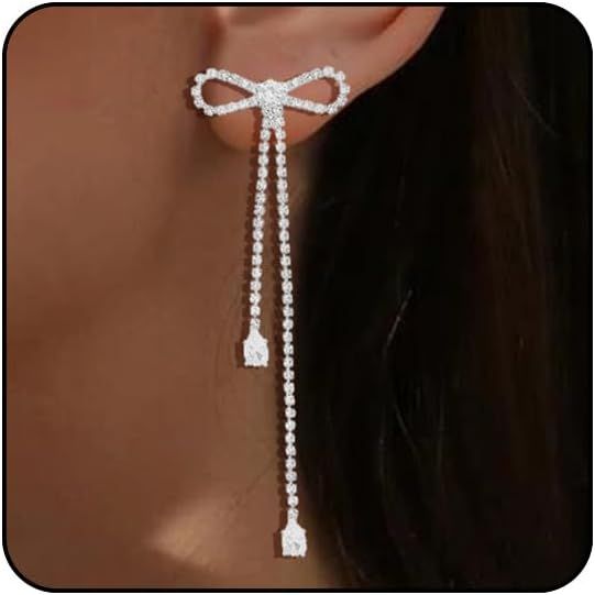 Silver Bow Earrings for Women Sparkle Earrings Long Silver Earrings Dangle Rhinestone Drop Earrin... | Amazon (US)