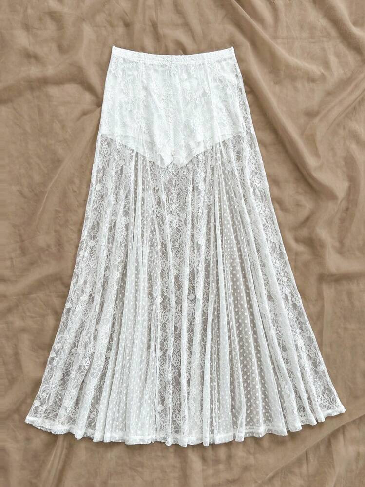 Soleia Women's Vacation Style Lace Polka Dot Mesh Patchwork A-Line Loose White Semi-Sheer Beach Skirt, Suitable For Summer Music Festival Bohemian Outfitting | SHEIN