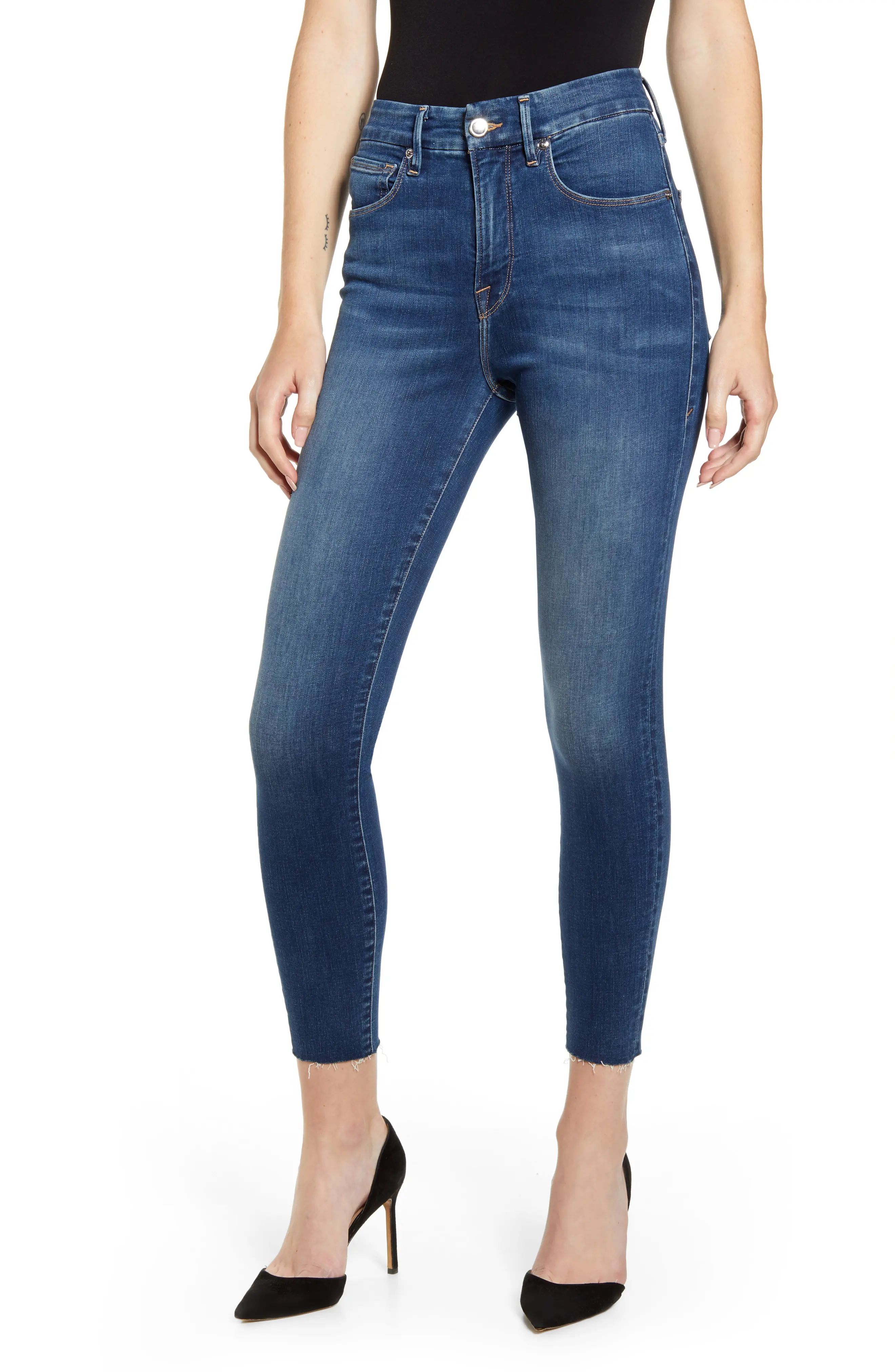 Women's Good American Good Waist High Waist Raw Hem Ankle Skinny Jeans, Size 8 - Blue | Nordstrom