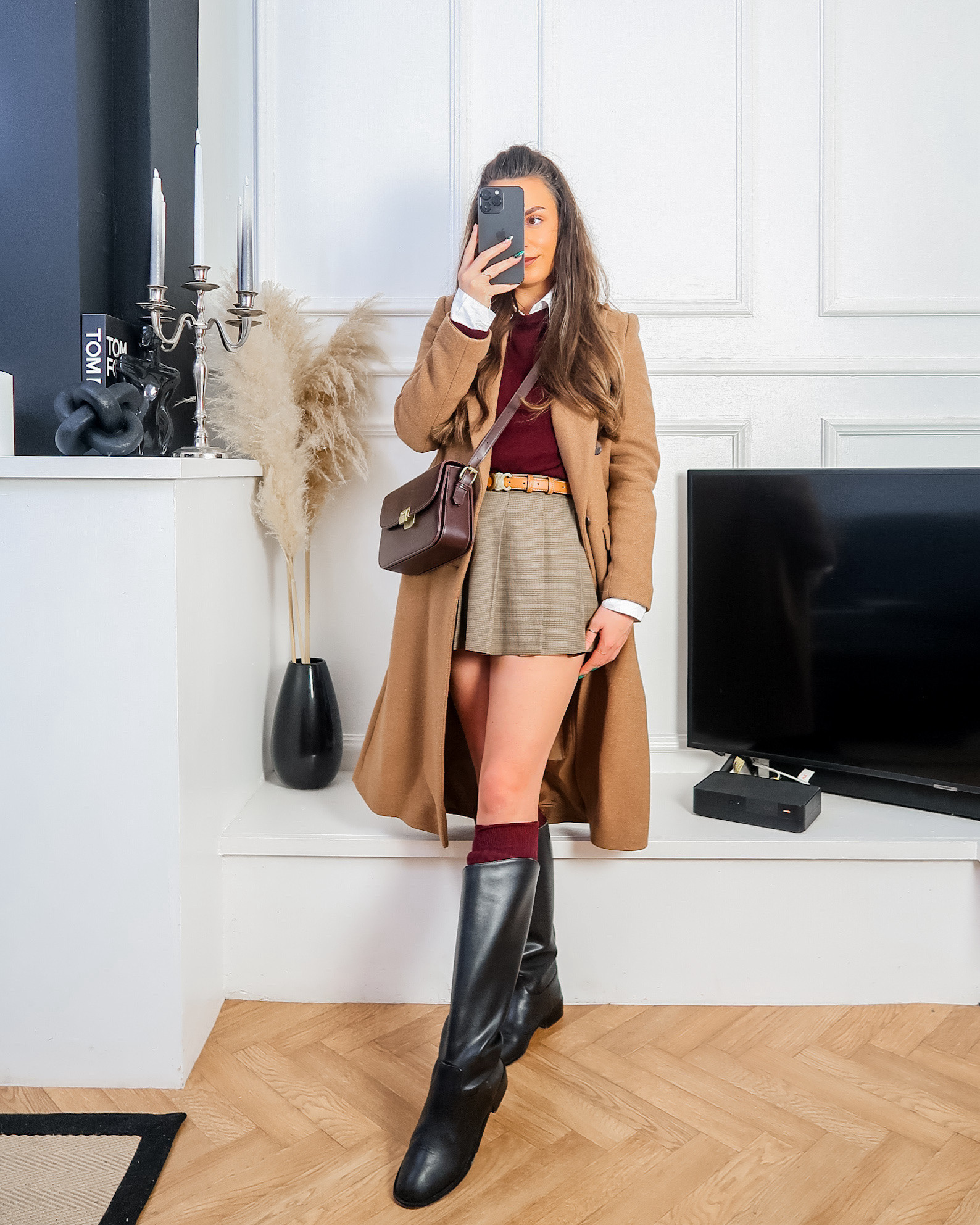 autumn outfit ideas, autumn style, burgundy outfits, fall colour palette, burgundy knee high socks, burgundy knit, burgundy sweater, sweater weather, fall fashion trends, fall style, autumn style, autumn styles, autumn styling, autumn layering, burgundy fashion, tweed mini skirt, tweed skorts, knee boots, riding boots, camel coat, tailored coat 
