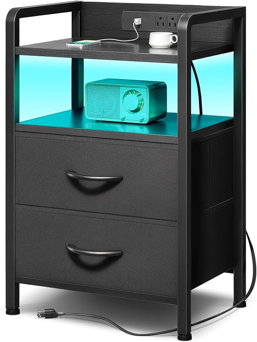 Lazzanto Nightstand with Rear Charging Station, LED Light, 2 Drawers, Black | Amazon (US)