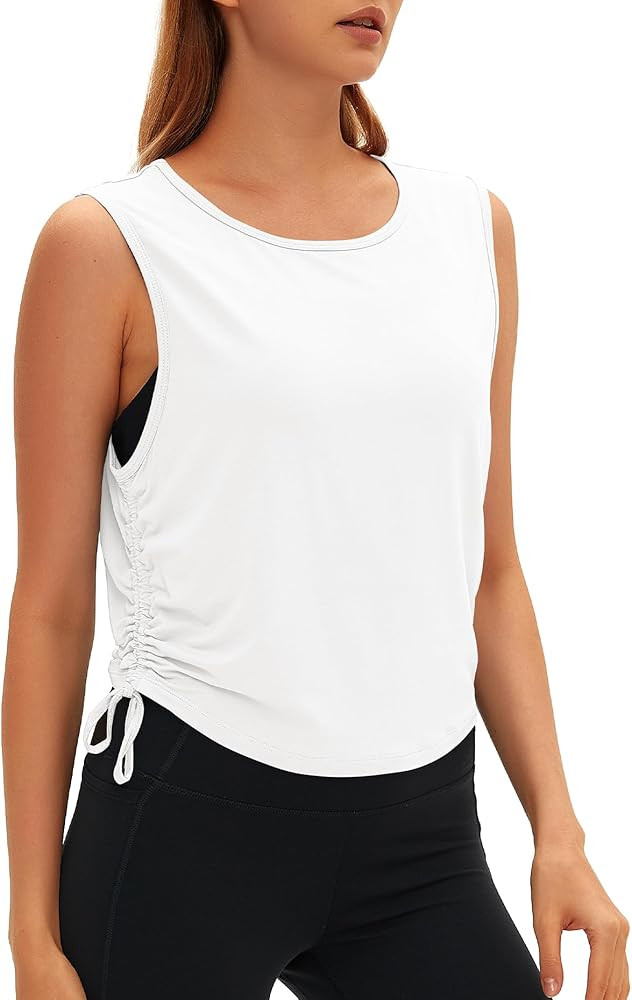 Women Open Back Sleeveless Workout Tops Crew Neck Ruched Side Tanks Athletic Casual Loose Shirts | Amazon (US)