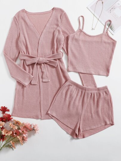 3 Pack Rib-knit Belted Robe Set | SHEIN