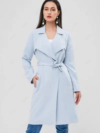 Pockets Open Front Belted Trench Coat   BLUE GRAY | Zaful UK