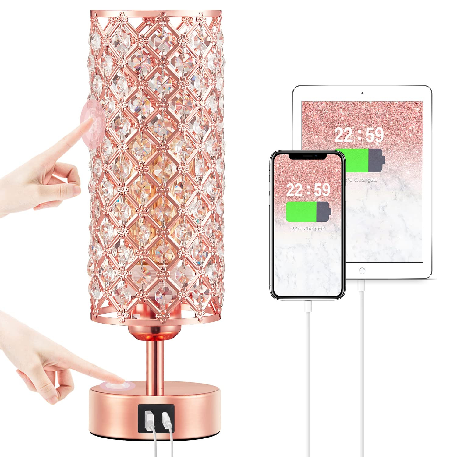 Hong-in Crystal Table Lamp, Rose Gold Lamp with USB C+A Ports, 3 Way Dimmable Touch Lamp with Cry... | Amazon (US)