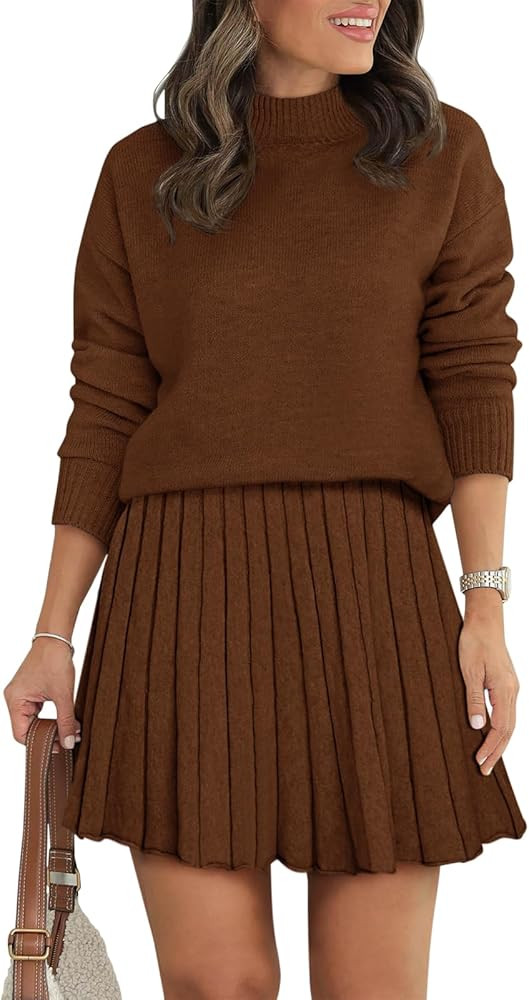 Women's Two Piece Outfits Turtleneck Long Sleeve Ribbed Knit Tops Pleated Mini Skirt 2025 Casual ... | Amazon (US)