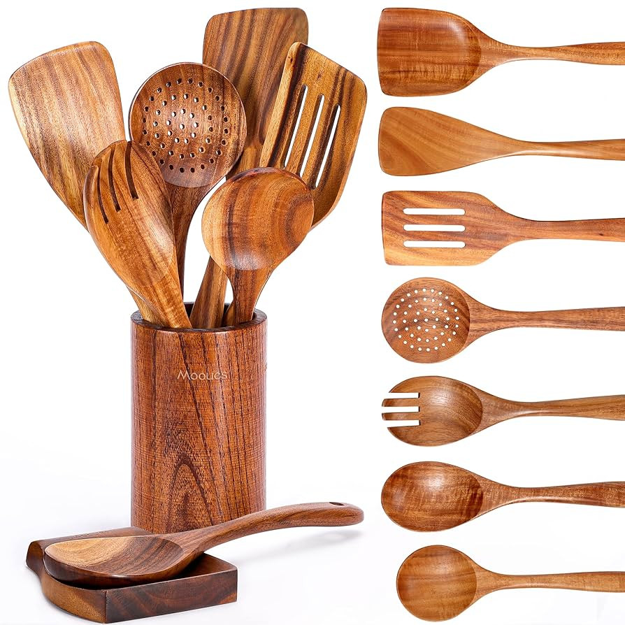 9 Piece Natural Teak Wooden Kitchen Utensil Set with Spoon Rest - Comfort Grip Cooking Spoons and... | Amazon (US)