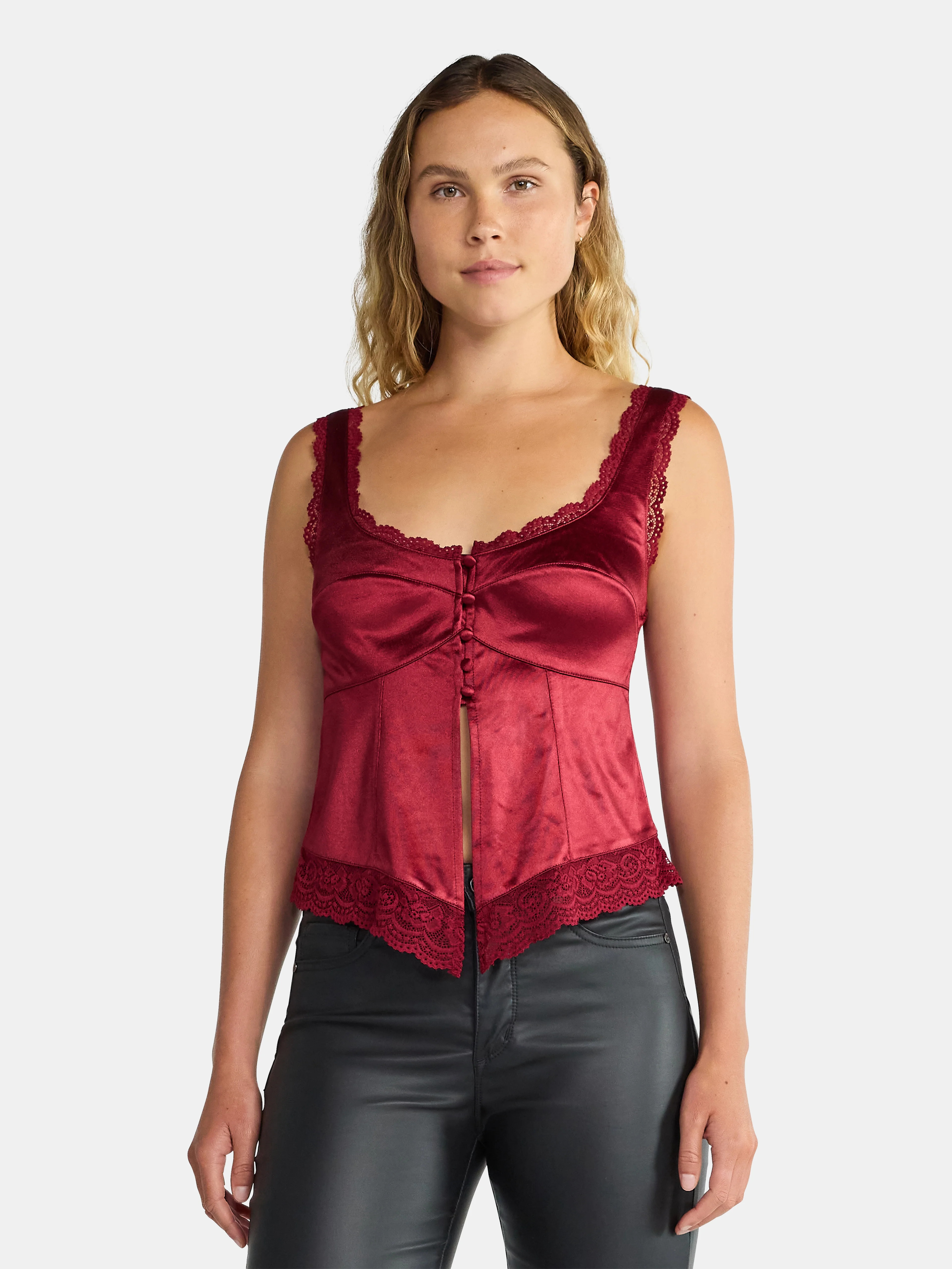 Madden NYC Women's Sleeveless Satin Flyaway Top with Lace Trim, Sizes XXS-XXL | Walmart (US)