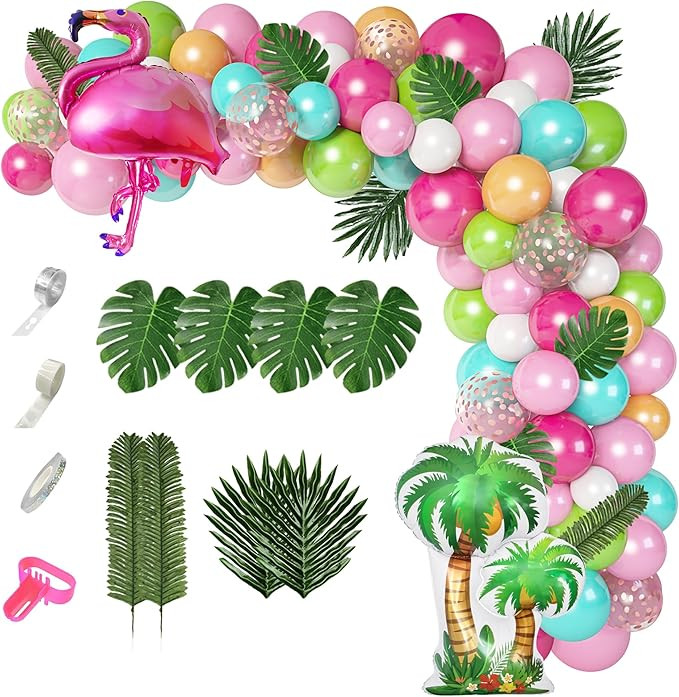 132Pcs Tropical Flamingo Balloons Garland Kit, Flamingo Foil Balloons Green Pink Aqua Blue Confet... | Amazon (US)