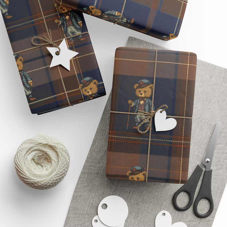 Ralph Lauren Christmas, Dark Tartan Plaid Wrapping Paper, Teddy Bear , Masculine Gift Wrap, Mens ... | Etsy (US)