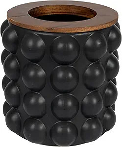 Creative Co-Op Round Stoneware Waste Raised Dots and Removable Acacia Wood Rim, Matte Black and N... | Amazon (US)