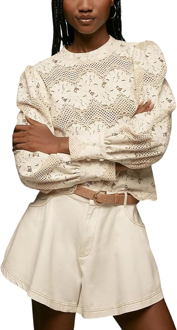 Womens Lace Mock Neck Blouse Long Sleeve Floral Crochet Top Vintage Elegant Pullover Shirt | Amazon (US)