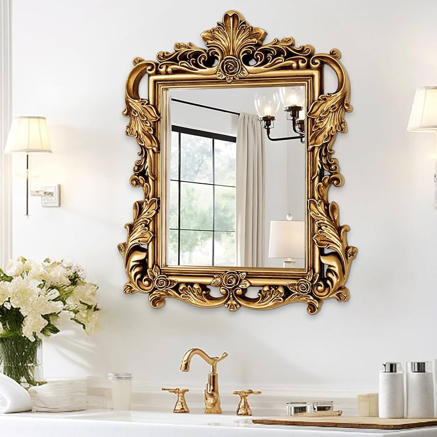 Gold Baroque Mirror - 26.3'' x 32.6'' Ornate Lightweight PU Frame, Vintage Decor Mirror for Livin... | Amazon (US)